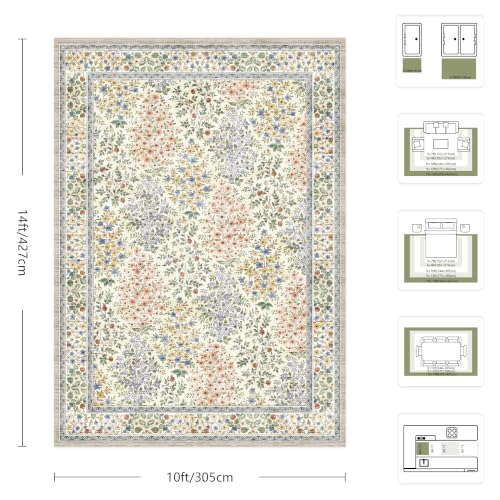 10x14 Large Area Rugs, Machine Washable Low Pile Floral Rugs for Living Room, Bedroom, Boho Style with Non-Slip Backing Nursery Rug(Beige Floral)