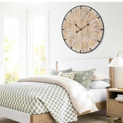 EMAX HOME 30 Inch Extra Large Wall Clock - Farmhouse Rustic Wood & Metal Design Silent Non-Ticking Battery Operated Decorative Oversized Clock for Living Room, Kitchen, Office & Bedroom