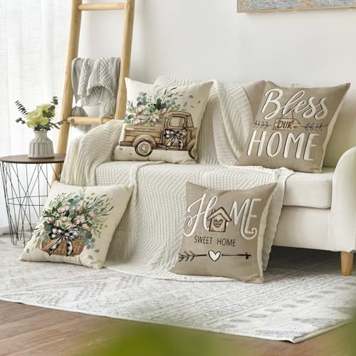 AVOIN colorlife Bless Our Home Farmhouse Eucalyptus Leaves Throw Pillow Covers, 18 x 18 Inch Truck Home Sweet Home Cushion Case Decorations Set of 4