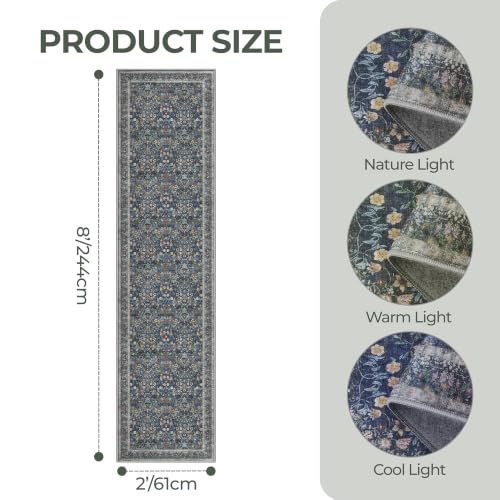 2x8 Runner Rug, Navy Blue Rug Floral Rugs for Entryway, Navy
