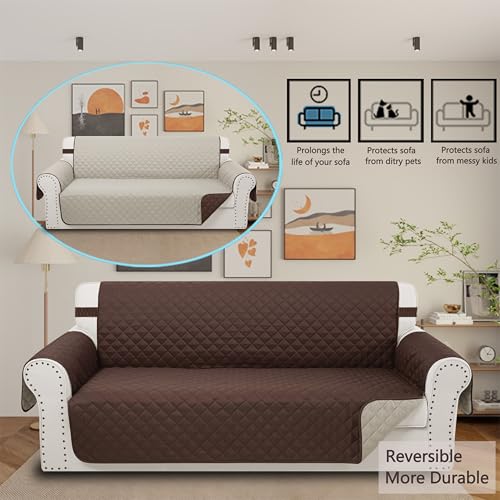 Reversible Couch Cover for 3 Cushion Couch Sofa Cover Washable for Pet Friendly with Elastic Straps Water Repellent(Sofa, Chocolate/Beige)