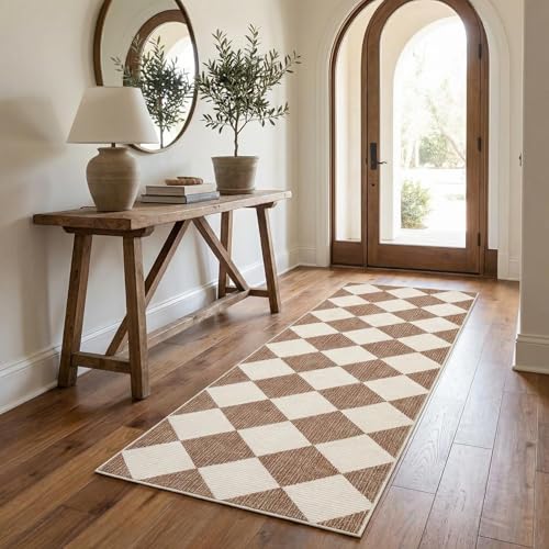 GarveeHome Checkered Hallway Runner Rug 2.5x8 Brown Kitchen Rug Non Slip