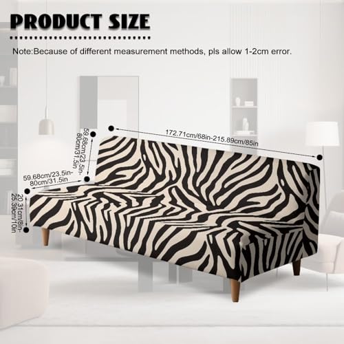Zebra Print Beige Black Soft Futon Covers Armless Sofa Bed Slipcover with Elastic Bottom Wear Resistant Furniture Protector Stretch Washable Couch Cover for Futon