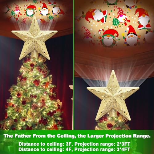 10" Christmas Tree Topper Projector with 6 Projection Modes, Built-in LED Rotating Light, 3D Glitter Dynamic Projector Light Up Tree Topper Star for Xmas Holiday Party Decorations Gifts (Gold)