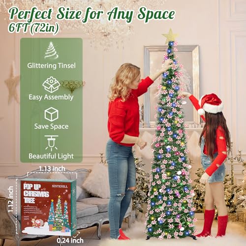 6 FT Pop Up Christmas Tree with 100 LED Timer Lights & Remote, Green Collapsible Christmas Tinsel Tree Artificial Pencil Tree Xmas Decoration for Holiday Home Office Party, USB Powered