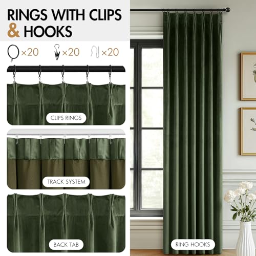 MIULEE Olive Green Velvet Curtains 96 inches Long, Pinch Pleated Blackout Drapes with Hooks, Thermal Insulated Pinch Pleat Panels for Bedroom Living Room, 2 Panels