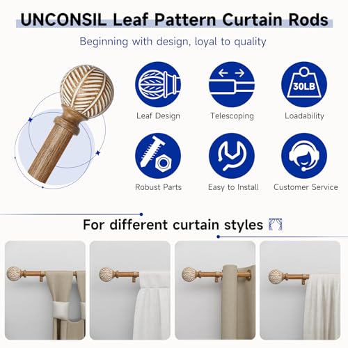 Wood Curtain Rods for Windows: 1 Inch Diameter Adjustable Drapery Rods 72" to 144", Heavy Duty Window Rod with Imitation Wood Grain Leaf Pattern Finials