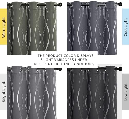 NICETOWN Grey Blackout Striped Pattern Curtains for Living Room 84 inch Long 2 Panels Set, Noise Reducing Thermal Insulated Wave Line Foil Print Bedroom Drapes for Patio Sliding Glass Door (52 x 84)