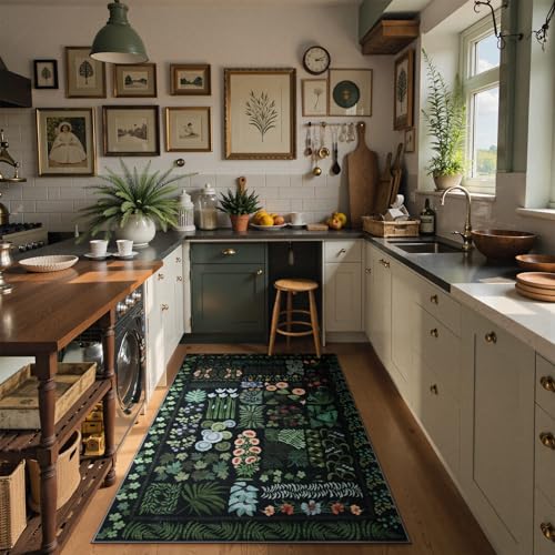 Floral Boho 3x5 Black Bathroom Entryway Kitchen Rug Non Slip Washable, Botanical Flower Area Rugs for Bedroom, Soft Modern Indoor Throw Carpet for Laundry Living Room Entrance (Black,3 x 5)