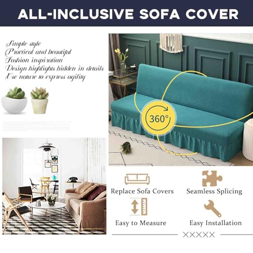 Stretch Armless Futon Cover, Sofa Slipcover Foldable Sofa Bed Cover Furniture Protector with Elastic Bottom, Washable, Polyester Spandex Jacquard Fabric Small Checks (Light Green, Small(47"-59"))