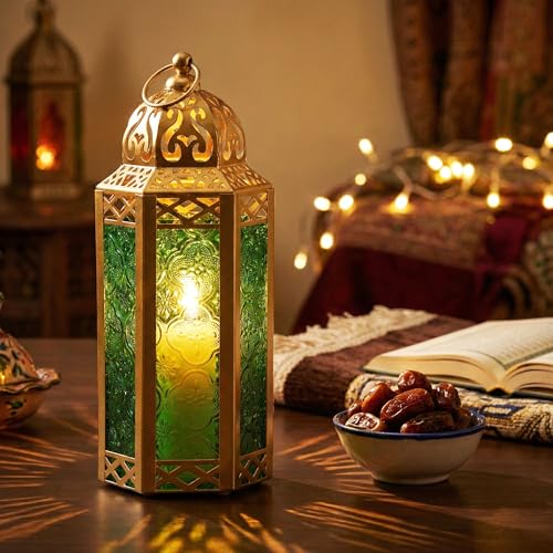 Vela Lanterns Decorative Indoor Moroccan Candle Holder, Gold Green, M