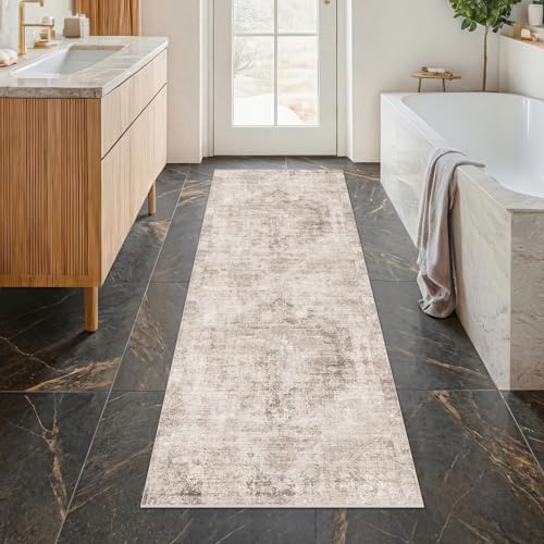 Hazo Haus 2x6 Washable Bathroom Runner Rug, Non Slip Low Pile Runner with Rubber Backing for Hallway, Kitchen and Entryway, Beige Tan Modern Farmhouse Home Decor