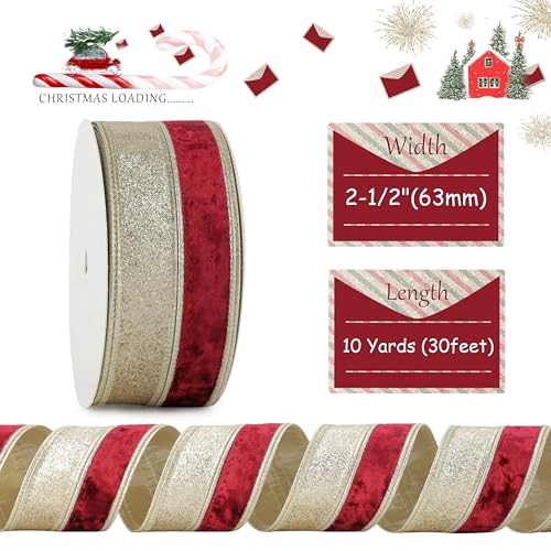 Burgundy Velvet Wired Ribbon, 2.5 Inch x 10 Yards | Champagne Glitter, Two Tone, For Tree, Wreaths, Bows, Gift Wrapping, Wedding Decor