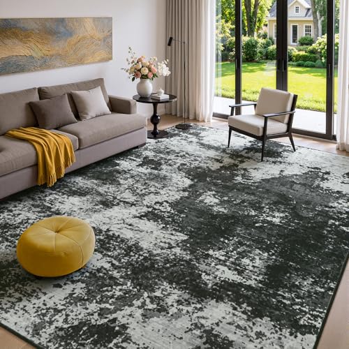 5x7 Back Grey Washable Area Rug Non-Slip Faux Wool Abstract Rug