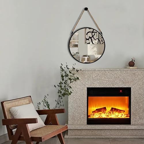 POZINO Round Hanging Mirror with Rope, 15" Circle Wall Mirror with Black Metal Frame, Farmhouse Decorative Mirror for Entryway, Living Room, Fireplace, Bedroom, Bathroom