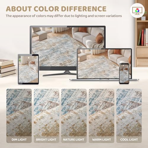 UERMEI 9x12 Area Rug for Living Room: Washable Modern Neutral Abstract Large Soft Low Pile Carpet Non-Slip Pet Kids Friendly Indoor Decor for Bedroom Dining Room Home Office Nursery Blue Brown