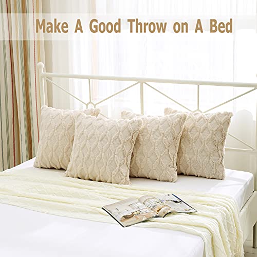 Volcanics Pack of 2 Christmas Faux Wool Throw Pillow Covers 20x20 Inches Decorative Farmhouse Velvet Couch Pillow Case Soft Plush Square Boho Cushion Pillowcase, Beige