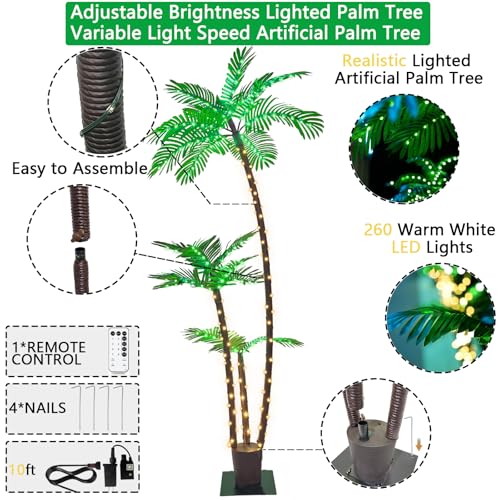 SOSHOT 6FT Lighted Artificial Palm Tree with Three Trunks and Upgraded 260 LED Lights - Outdoor/Indoor Use, Perfect for Tiki Bars, Patios, Homes, Offices, Beaches, Yards Pool and Cruise Party