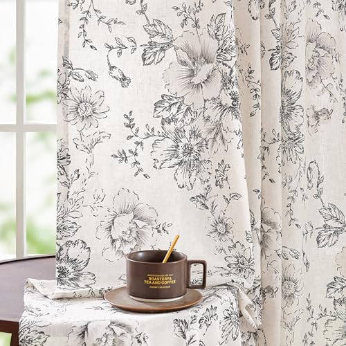 jinchan Floral Curtains for Living Room 84 Inch Length Farmhouse Printed Curtain Rod Pocket Back Tab Black Peony Flower Patterned Drapes Bedroom Window Curtains Set 2 Panels 25% Linen 75% Polyester
