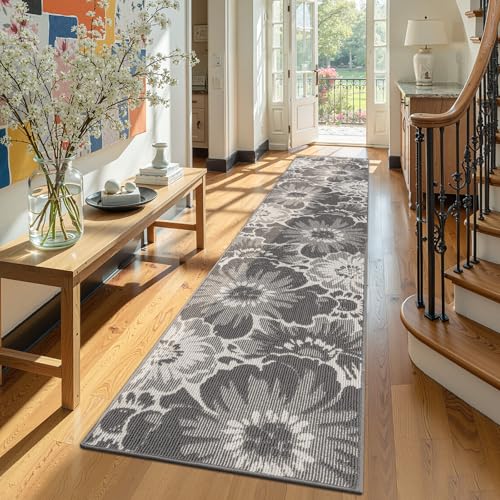 Findosom Hallway Runner Rug 2x10, Non Slip High-Low Textured Floral Washable Runner Rug with Rubber Backing, Boho Carpet Runner for Kitchen, Entryway, Bedroom, Laundry, Gray