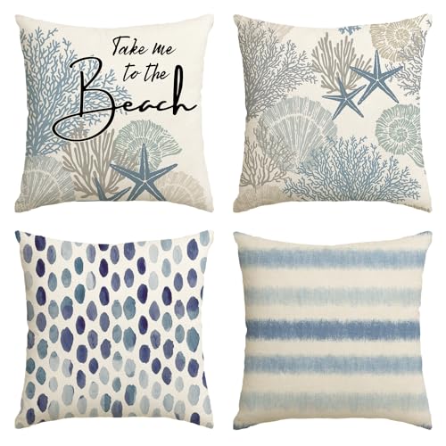 AVOIN colorlife Take Me to The Beach Summer Throw Pillow Covers, 18 x 18 Inch Blue Ocean Starfish Summer Cushion Case for Sofa Couch Set of 4