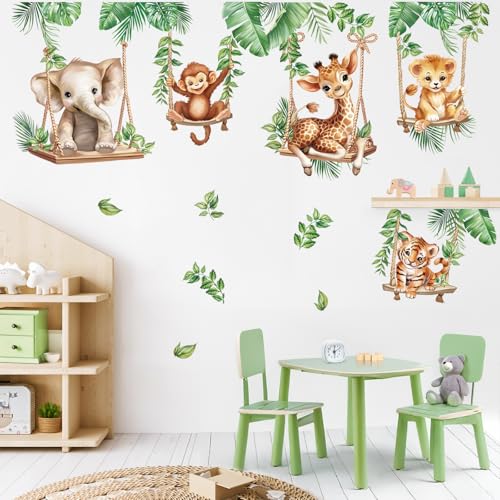 wondever Jungle Animal on Swings Wall Stickers Baby Lion Elephant Giraffe Tropical Leaves Peel and Stick Wall Art Decals for Children Nursery Kids Bedroom Living Room