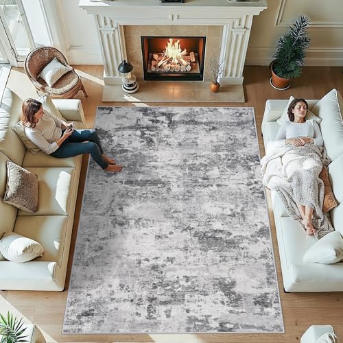 Abstract Living Room Rugs 6x9: Washable Non-Slip Indoor Carpet Black Grey