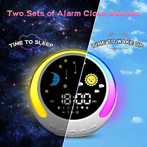 Kids Wake-Up Light with Dual Alarms, Sleep Training Sound, Sun & Moon Display, Wake-Up Reminder Clock Suitable for Boys and Gir
