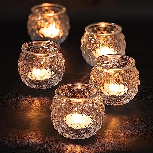 Clear Votive Candle Holders Set of 24- Round Glass Candle Holders Bulk for Tea Light Candle, Diamond Texture Candle Votives for Wedding Centerpiece, Living Room & Home Table Decor