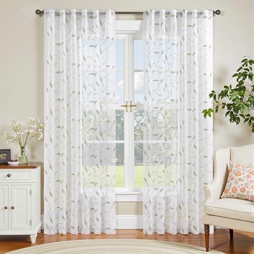 Lazzzy Sheer Curtains Embroidered Floral Leaf Voile Drapes for Bedroom Living Room Back Tabs Window Treatments 2 Panels 84 Inches Green on White