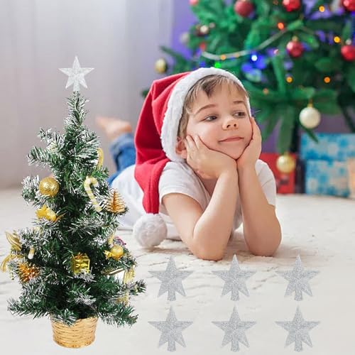 FOIMAS Mini Christmas Tree Topper Star,6pcs Glitter Christmas Tree Topper for Small Christmas Tree Craft Home Decoration,Silver