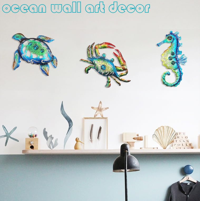 BVLFOOK Metal Sea Turtle Seahorse Crab Beach Themed Bathroom Wall Art Decor, Ocean Valentine Wall Decorations for Home Bathroom,10 Inch, Set of 3