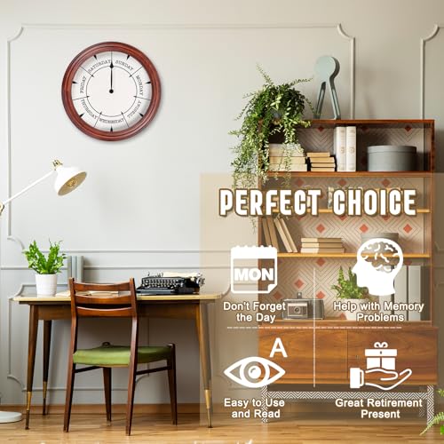 Day of The Week Clock 14Inch Retirement Wall Clock with Wood Frame Day Wall Clock for Men Women (Dark Reddish Brown)