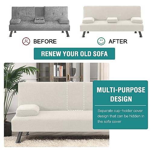 4 Pieces Stretch Futon Covers Sofa Bed Slipcover with Removable Armrests and Cupholders Covers Furniture Protector High Spandex Small Checks Jacquard Fabric (New Ivory)