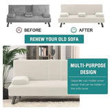 4 Pieces Stretch Futon Covers Sofa Bed Slipcover with Removable Armrests and Cupholders Covers Furniture Protector High Spandex Small Checks Jacquard Fabric (New Ivory)
