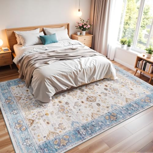 4x6 Area Rugs for Living Room, Washable Rug Vintage Floral, Blue
