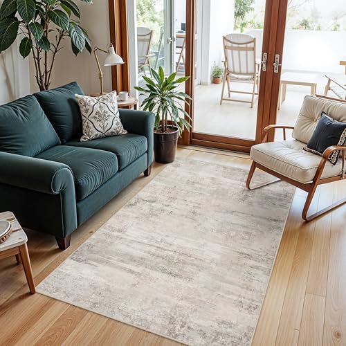 Area Rugs 4x6 for Living Room - Washable Modern Abstract Bedroom Rugs with Non Slip Rubber Backing Indoor Low Pile Carpet for Kitchen Office Nursery Home Decor Floor Mat for Bathroom 4x6 Beige