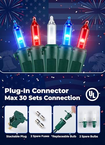 Minetom Red White Blue LED Christmas String Lights, 100 Count 20 Feet 4th July Decoration, Independence Day Decoration, Patriotic Mini Lights Waterproof for Indoor Outdoor Xmas Holiday Party Patio