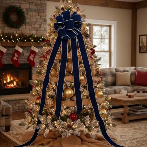 Altier 11" Wide Velvet Navy Christmas Tree Topper Bow 4 Tails Streamers with 3 Yards Long Each for Home Decoration Treetop Handmade Bow Ornament Holiday Party