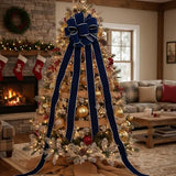 Altier 11" Wide Velvet Navy Christmas Tree Topper Bow 4 Tails Streamers with 3 Yards Long Each for Home Decoration Treetop Handmade Bow Ornament Holiday Party