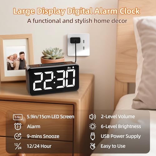 NOKLEAD Digital Alarm Clock: Wood Grain, 5.9-inch LED Display, Easy to Use for Seniors and Men, Adjustable Brightness, Aesthetic Room Decor Desk Clocks for Bedroom | Dorm | Living Room | Office