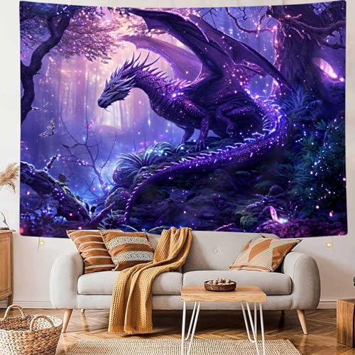 MERCHR Purple Dragon Tapestry Medieval Fantasy Animal Cool Tapestry Wall Hanging for Bedroom Aesthetic, Psychedelic Magic Forest Tree Tapestries for Living Room Dorm Decor 60x40 Inch