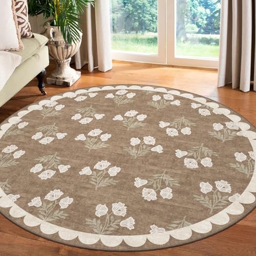 Tan 6ft Round Area Rug for Living Room Soft Washable Carpet