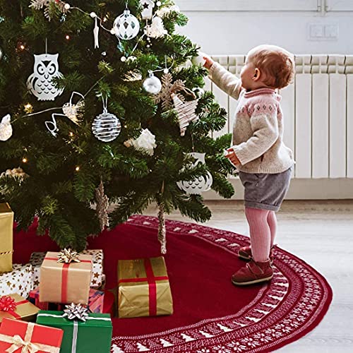 Dremisland Christmas Tree Skirt Luxury Cable Knitted Thick Rustic Xmas Tree Decoration Red Tree Skirt with Snowflake Xmas Tree Farmhouse Christmas Decor Holiday Home Party Decor (36inch/90cm, Red)
