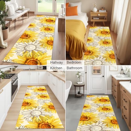 AooHHooA Sunflower Runner Rug 2x6 Yellow Rustic Floral Rug with Non-Slip Backing Washable Runner Rugs for Kitchen Hallway Laundry Entryway