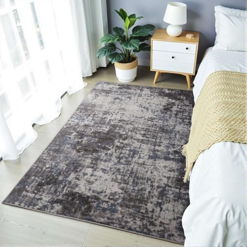 Modern Abstract 3x5 Rug, Non Slip Entryway Rug, Soft Machine Washable Rugs for Indoor Entry, Low Pile Stain Resistant Distressed Rug for Living Room, Bedroom, Dark Grey Blue