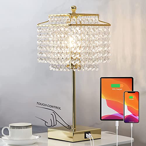 Crystal Touch Table Lamp, Bedside Lamps with with USB C+A Ports, Gold Bedroom Lamp, Dimmable Lamp with Crystal Shade, Nightstand Lamps for Bedroom, Living Room, Bulb Included