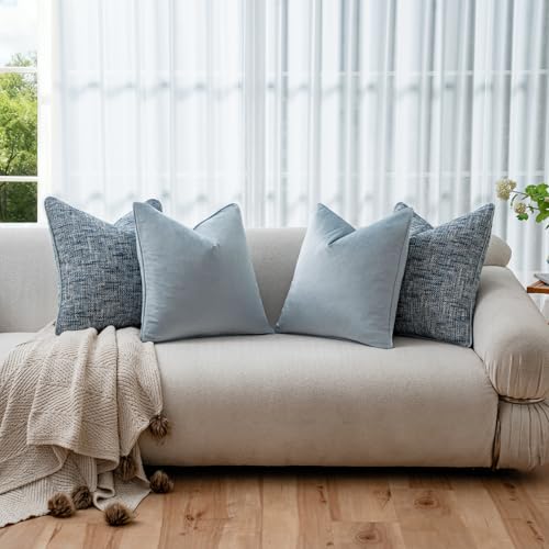 a moment Light Blue 4 Pack Throw Pillow Covers - Chenille & Velvet Set with Piping, Farmhouse Textured Design Pillow Cases for Couch Sofa Bed Livingroom (18x18 Inch, No Insert)