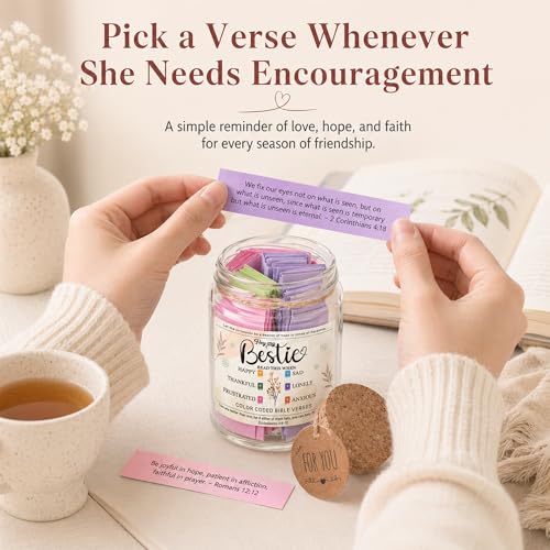 Bestie Bible Verses Jar – Birthday Gifts for Friends, Graduation Gifts for Bestie, Color Coded Bible Verses, Faith Based Friendship Gift for Women