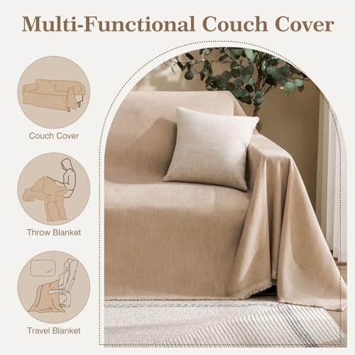 Couch Cover for Dogs Sectional Sofa Covers Washable for 2 Cushion Couch, Chenille Couch Cover Blanket, Sectional Sofa Slipcovers, Multi-Use Furniture Protector for Kids, Pets, 71" X118", Sand